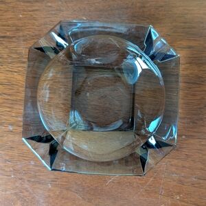 Vintage MCM Smoky Gray Glass Ashtray. Faceted geometric design. Measures 5 x 5"